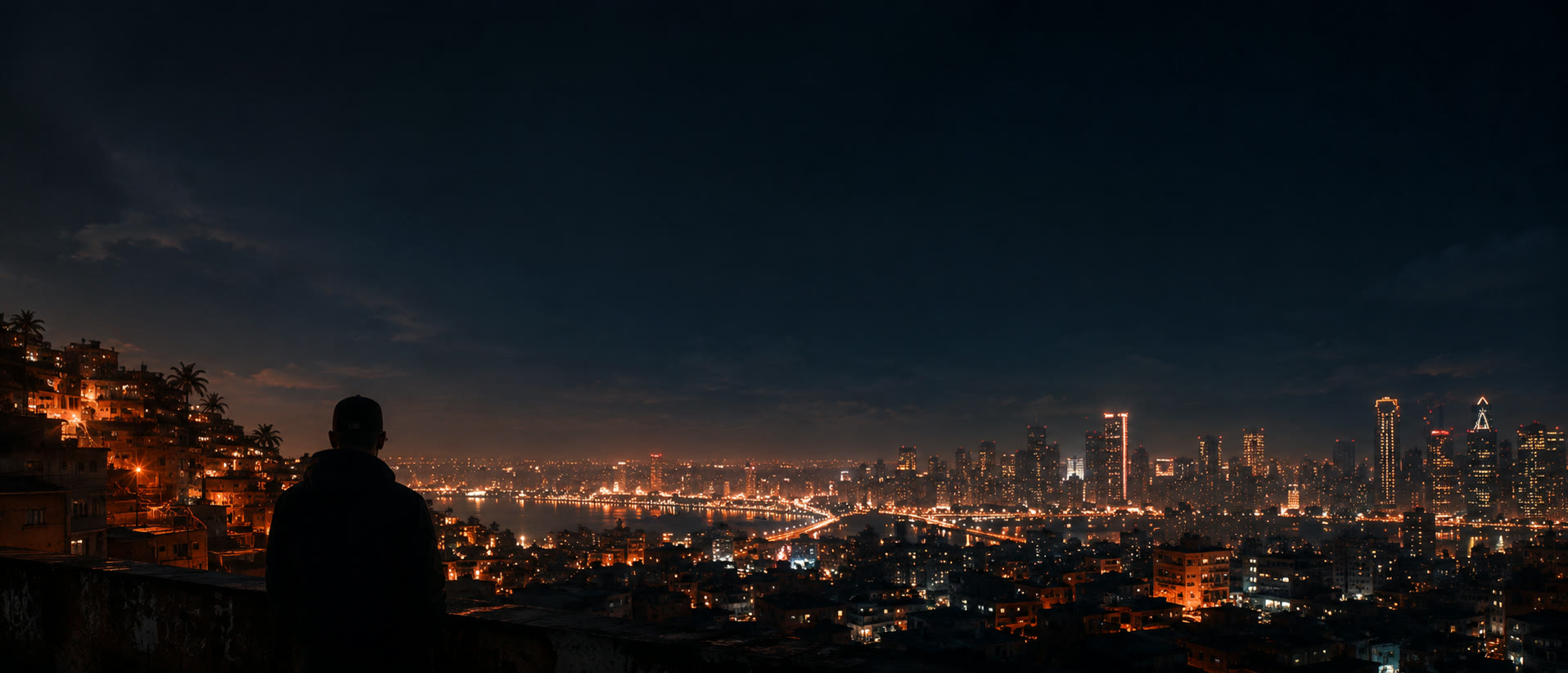 A lone silhouette against a night city, ember light rising over the blue dark