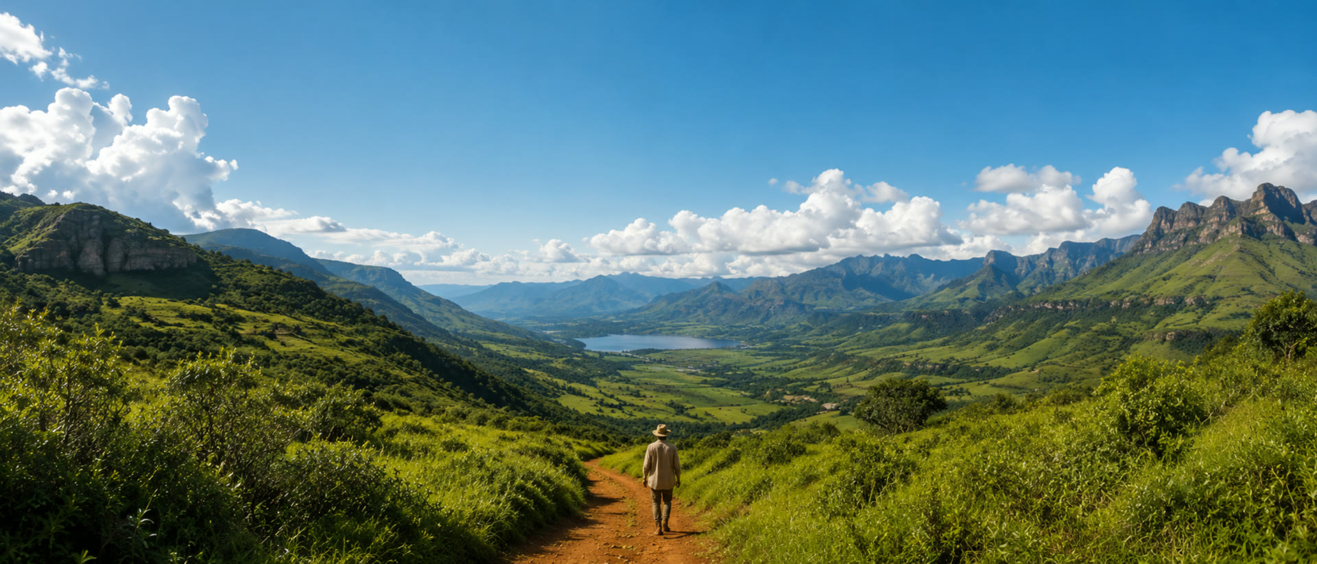 A wide green valley under a big sky, a red dirt path running toward the hills, a figure with the hat brim down