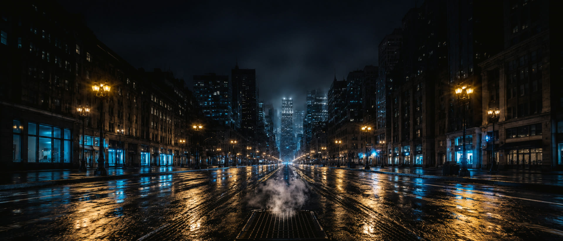 An empty rain slicked avenue at night, blue neon and amber streetlight, nobody in the frame